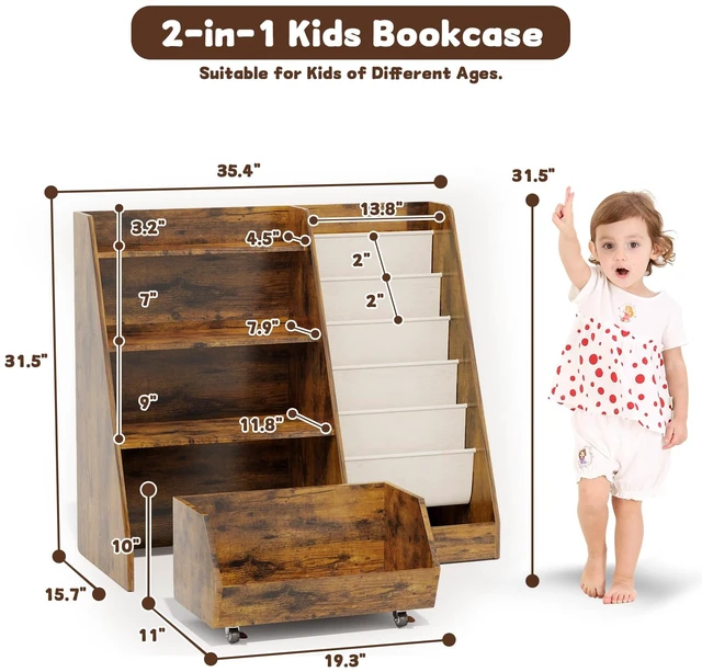 Alt view image 2 of 7 - Kids Bookshelf and Toy Storage, 4 Tier Toddler Bookshelf with Movable Drawer (Brown)