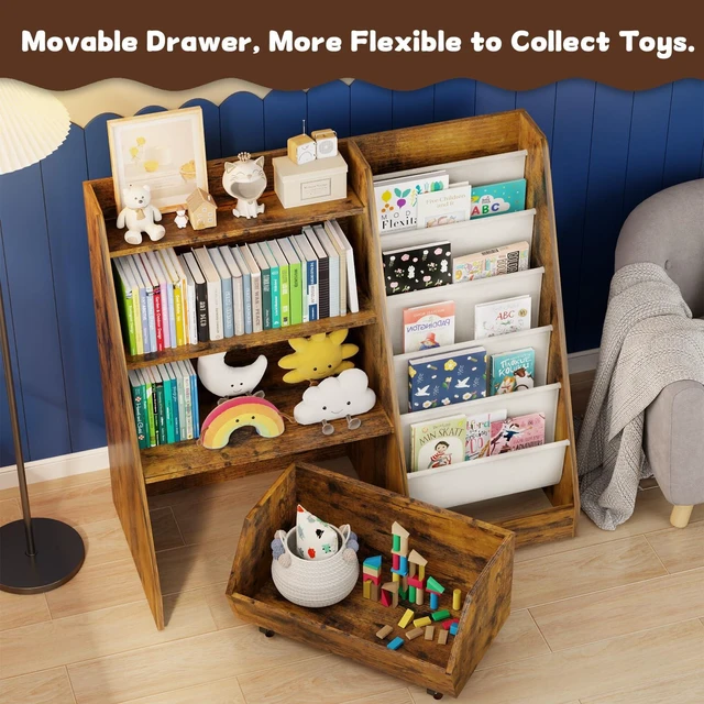 Alt view image 3 of 7 - Kids Bookshelf and Toy Storage, 4 Tier Toddler Bookshelf with Movable Drawer (Brown)