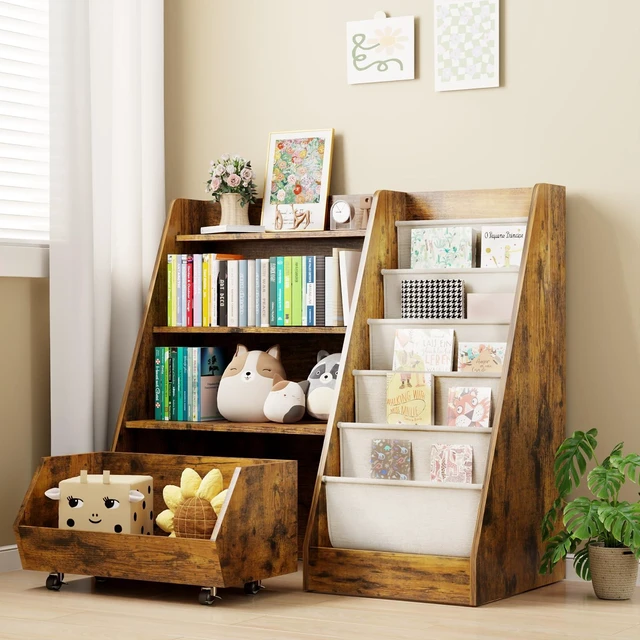 Alt view image 4 of 7 - Kids Bookshelf and Toy Storage, 4 Tier Toddler Bookshelf with Movable Drawer (Brown)