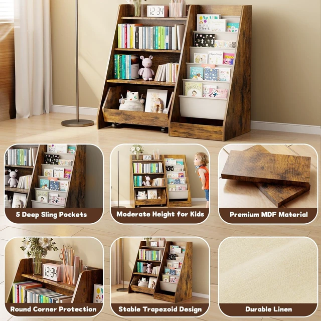 Alt view image 5 of 7 - Kids Bookshelf and Toy Storage, 4 Tier Toddler Bookshelf with Movable Drawer (Brown)