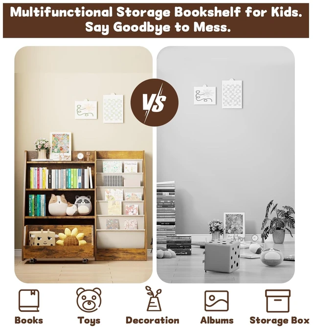 Alt view image 7 of 7 - Kids Bookshelf and Toy Storage, 4 Tier Toddler Bookshelf with Movable Drawer (Brown)