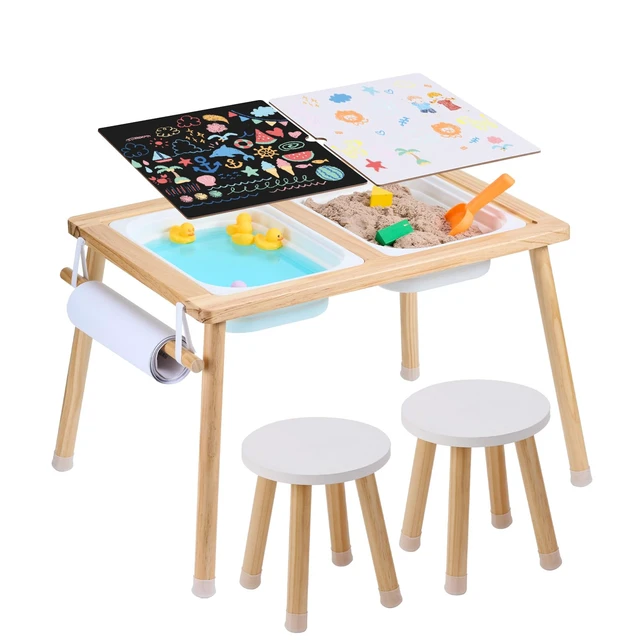 Main image of Sensory Table and Chairs Set, Toddlers Activity Table with 2 Stools, 2 Storage Bins & Paper Roll Holder, Indoor/Outdoor Play Sand and Water Table, Wooden Kids Sensory Table - Gift for Boys Girls