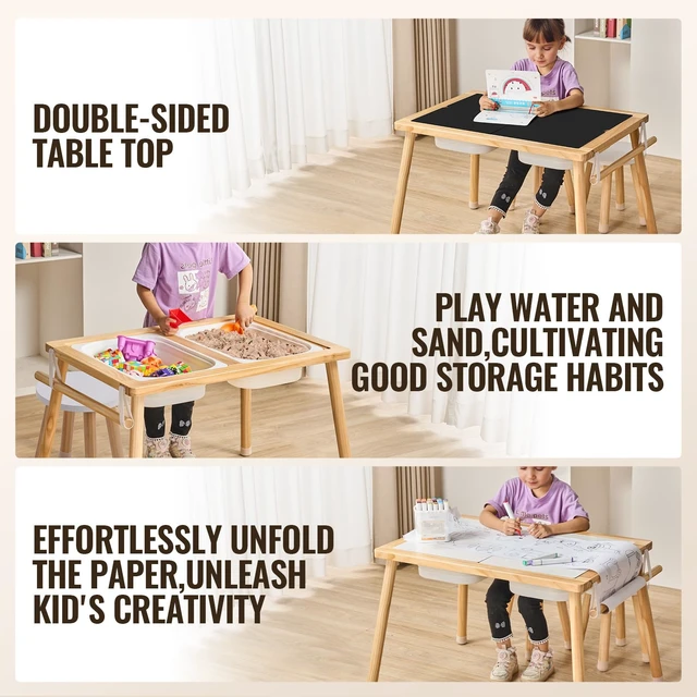 Alt view image 2 of 7 - Sensory Table and Chairs Set, Toddlers Activity Table with 2 Stools, 2 Storage Bins & Paper Roll Holder, Indoor/Outdoor Play Sand and Water Table, Wooden Kids Sensory Table - Gift for Boys Girls