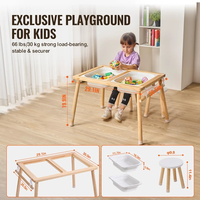 Alt view image 4 of 7 - Sensory Table and Chairs Set, Toddlers Activity Table with 2 Stools, 2 Storage Bins & Paper Roll Holder, Indoor/Outdoor Play Sand and Water Table, Wooden Kids Sensory Table - Gift for Boys Girls