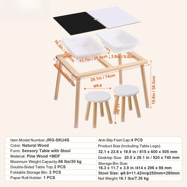 Alt view image 7 of 7 - Sensory Table and Chairs Set, Toddlers Activity Table with 2 Stools, 2 Storage Bins & Paper Roll Holder, Indoor/Outdoor Play Sand and Water Table, Wooden Kids Sensory Table - Gift for Boys Girls