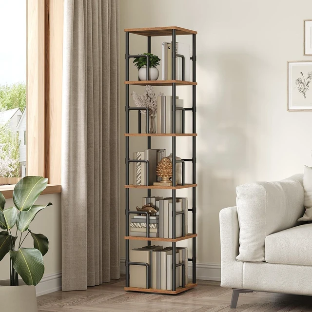 Alt view image 2 of 7 - 5-Tier Rotating Bookshelf, Freestanding Corner Bookshelf, 360° Spinning Bookcase, Industrial Style Storage Rack with Rails, for Living Room, Bedroom, Study, Rustic Brown and Black BKHR1601