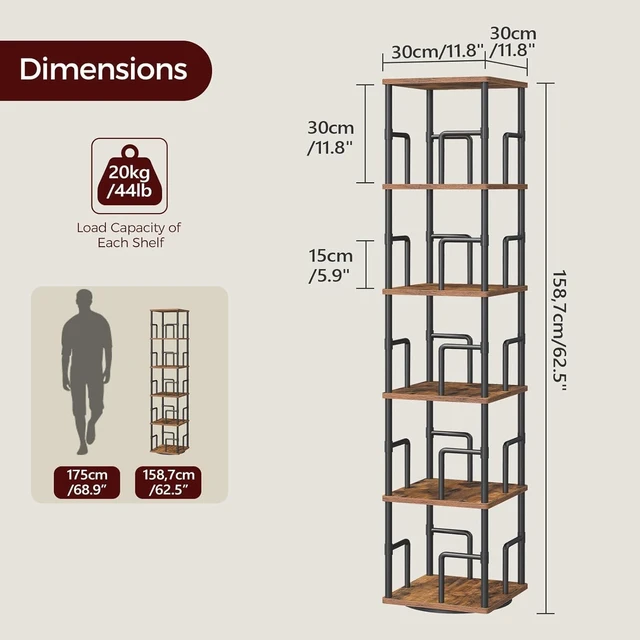 Alt view image 3 of 7 - 5-Tier Rotating Bookshelf, Freestanding Corner Bookshelf, 360° Spinning Bookcase, Industrial Style Storage Rack with Rails, for Living Room, Bedroom, Study, Rustic Brown and Black BKHR1601
