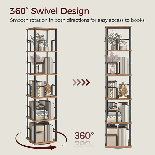 Alt view image 4 of 7 - 5-Tier Rotating Bookshelf, Freestanding Corner Bookshelf, 360° Spinning Bookcase, Industrial Style Storage Rack with Rails, for Living Room, Bedroom, Study, Rustic Brown and Black BKHR1601