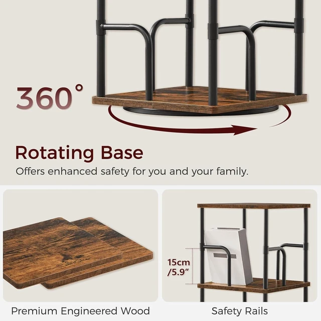 Alt view image 6 of 7 - 5-Tier Rotating Bookshelf, Freestanding Corner Bookshelf, 360° Spinning Bookcase, Industrial Style Storage Rack with Rails, for Living Room, Bedroom, Study, Rustic Brown and Black BKHR1601