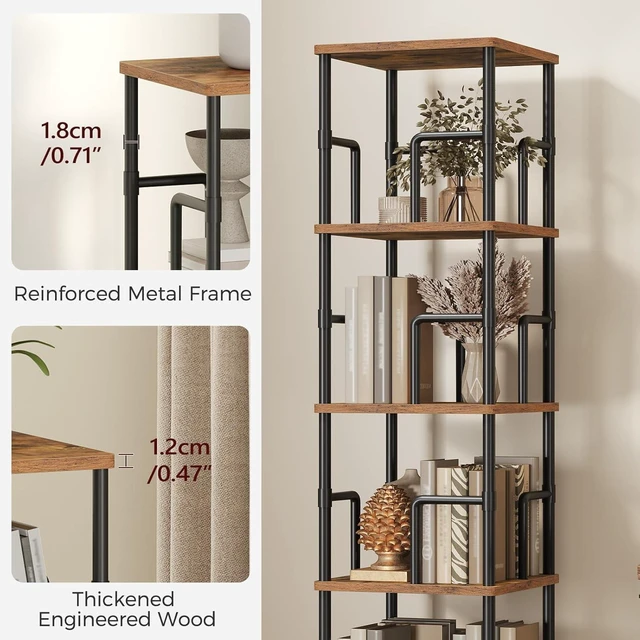 Alt view image 7 of 7 - 5-Tier Rotating Bookshelf, Freestanding Corner Bookshelf, 360° Spinning Bookcase, Industrial Style Storage Rack with Rails, for Living Room, Bedroom, Study, Rustic Brown and Black BKHR1601