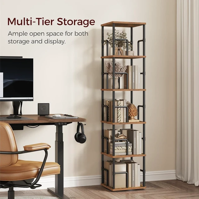 Alt view image 5 of 7 - 5-Tier Rotating Bookshelf, Freestanding Corner Bookshelf, 360° Spinning Bookcase, Industrial Style Storage Rack with Rails, for Living Room, Bedroom, Study, Rustic Brown and Black BKHR1601