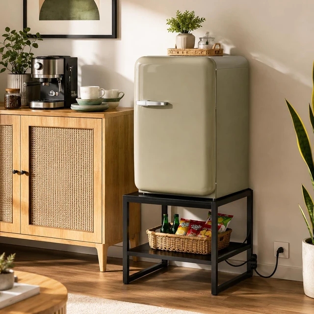 Alt view image 2 of 7 - End Table with Charging Station, 20" Mini Fridge Stand, Black | Square Side Table for Living Room, Small Table Stand & Fridge Table