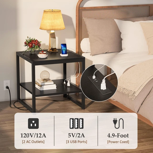 Alt view image 4 of 7 - End Table with Charging Station, 20" Mini Fridge Stand, Black | Square Side Table for Living Room, Small Table Stand & Fridge Table