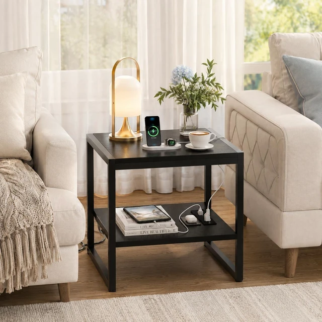 Alt view image 3 of 7 - End Table with Charging Station, 20" Mini Fridge Stand, Black | Square Side Table for Living Room, Small Table Stand & Fridge Table