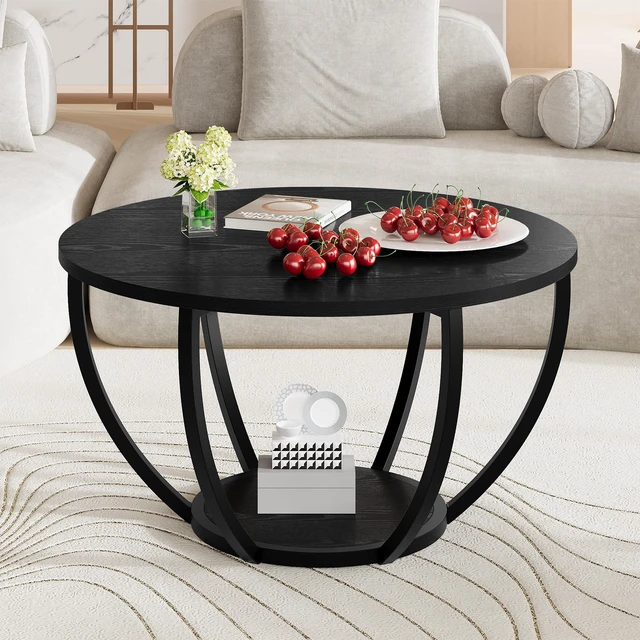 Main image of Round Coffee Table,Accent Center Table for Living Room,Black | Wooden 2-Tier Circle Coffee Tables with Storage Shelves,Sofa Table for Home Office