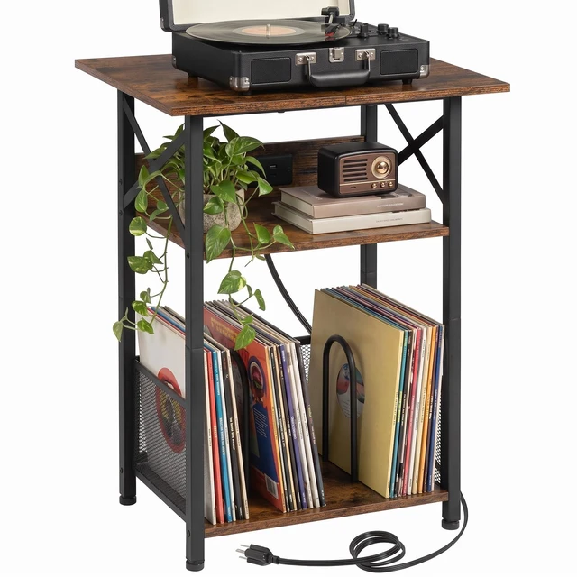 Main image of Record Player Stand with Charging Station, Vinyl Record Storage | Large Turntable Stand with Type-C, Vinyl Record Player Table Holds 100 Albums, 3 Tier End Table Living Room, Rustic Brown