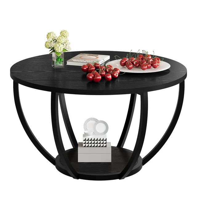 Alt view image 2 of 7 - Round Coffee Table,Accent Center Table for Living Room,Black | Wooden 2-Tier Circle Coffee Tables with Storage Shelves,Sofa Table for Home Office