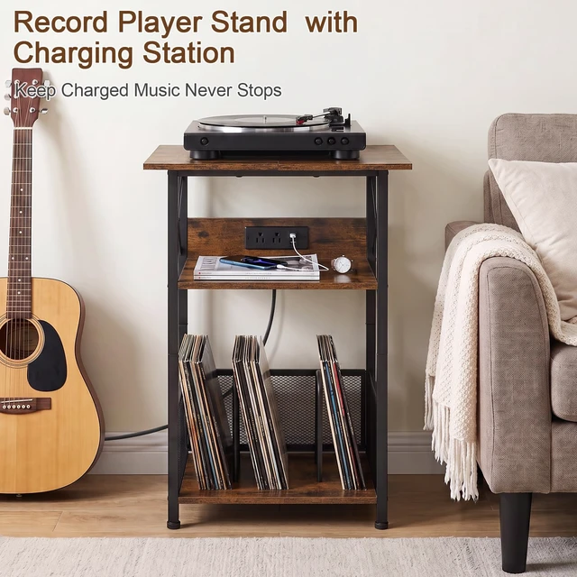 Alt view image 2 of 7 - Record Player Stand with Charging Station, Vinyl Record Storage | Large Turntable Stand with Type-C, Vinyl Record Player Table Holds 100 Albums, 3 Tier End Table Living Room, Rustic Brown