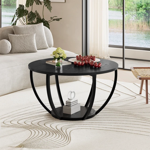 Alt view image 3 of 7 - Round Coffee Table,Accent Center Table for Living Room,Black | Wooden 2-Tier Circle Coffee Tables with Storage Shelves,Sofa Table for Home Office