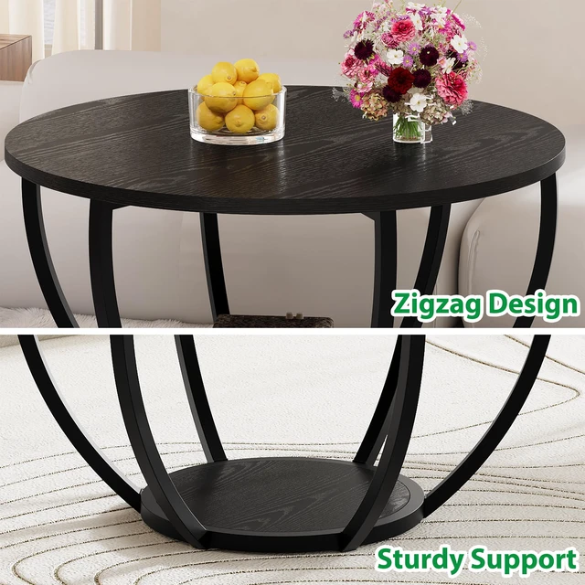 Alt view image 4 of 7 - Round Coffee Table,Accent Center Table for Living Room,Black | Wooden 2-Tier Circle Coffee Tables with Storage Shelves,Sofa Table for Home Office