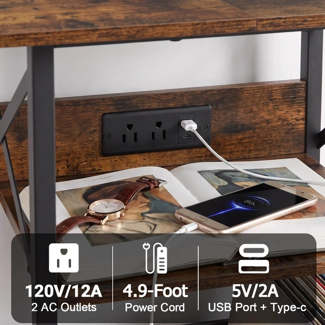 Alt view image 3 of 7 - Record Player Stand with Charging Station, Vinyl Record Storage | Large Turntable Stand with Type-C, Vinyl Record Player Table Holds 100 Albums, 3 Tier End Table Living Room, Rustic Brown