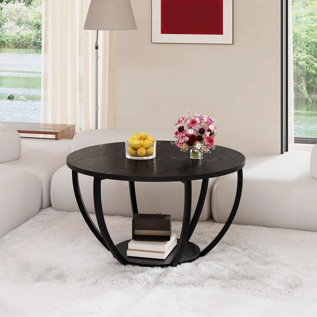 Alt view image 5 of 7 - Round Coffee Table,Accent Center Table for Living Room,Black | Wooden 2-Tier Circle Coffee Tables with Storage Shelves,Sofa Table for Home Office
