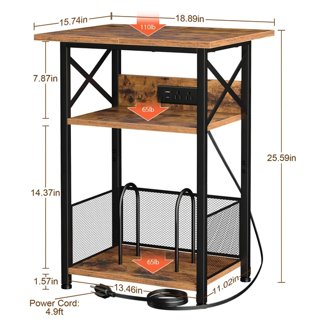 Alt view image 4 of 7 - Record Player Stand with Charging Station, Vinyl Record Storage | Large Turntable Stand with Type-C, Vinyl Record Player Table Holds 100 Albums, 3 Tier End Table Living Room, Rustic Brown
