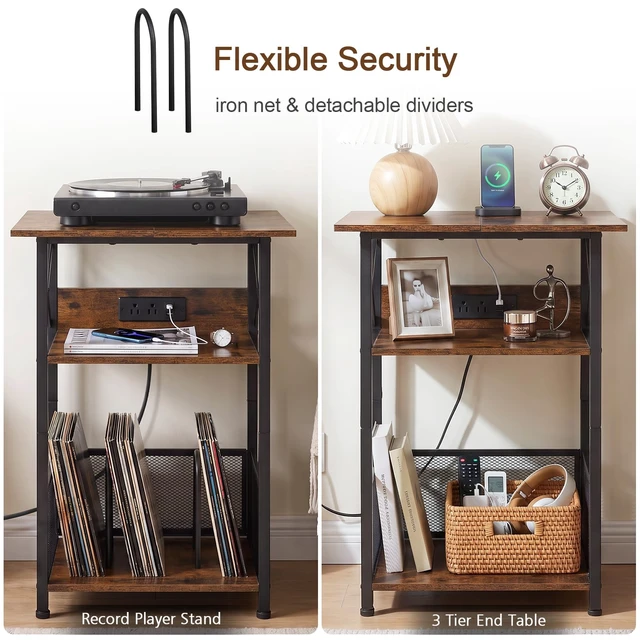 Alt view image 5 of 7 - Record Player Stand with Charging Station, Vinyl Record Storage | Large Turntable Stand with Type-C, Vinyl Record Player Table Holds 100 Albums, 3 Tier End Table Living Room, Rustic Brown