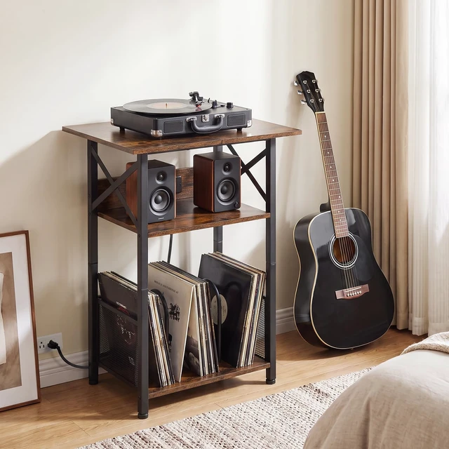 Alt view image 6 of 7 - Record Player Stand with Charging Station, Vinyl Record Storage | Large Turntable Stand with Type-C, Vinyl Record Player Table Holds 100 Albums, 3 Tier End Table Living Room, Rustic Brown