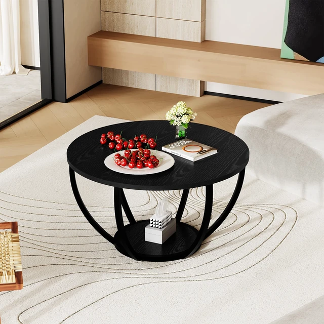 Alt view image 7 of 7 - Round Coffee Table,Accent Center Table for Living Room,Black | Wooden 2-Tier Circle Coffee Tables with Storage Shelves,Sofa Table for Home Office