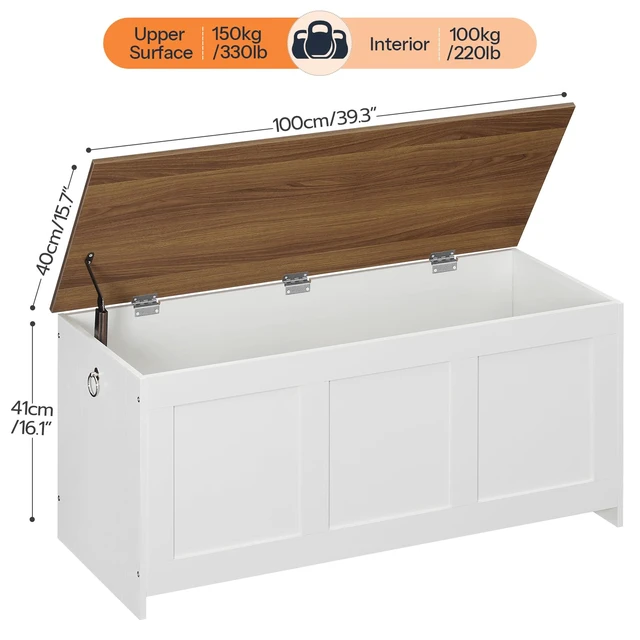 Alt view image 3 of 7 - Storage Bench, 39.3" Retro Wooden Storage Chest, Wooden Storage Trunk, Toy Chest with Lift Top, Multifunctional Entryway Organizer, for Entryway, Living Room, White and Walnut WH141CW01G1
