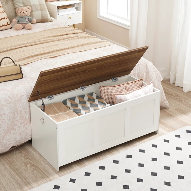 Alt view image 4 of 7 - Storage Bench, 39.3" Retro Wooden Storage Chest, Wooden Storage Trunk, Toy Chest with Lift Top, Multifunctional Entryway Organizer, for Entryway, Living Room, White and Walnut WH141CW01G1