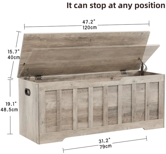 Alt view image 5 of 7 - 47.2" Storage Chest Extra Large,Wooden Storage Bench(Greige). | Storage trunk with 2 Safety Hinge,47.2Lx15.7Wx19.1H Inch,Easy Assembly,for Bedroom,Living Room,Entryway and Blanket storage