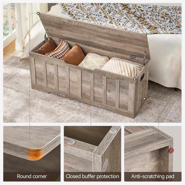 Alt view image 6 of 7 - 47.2" Storage Chest Extra Large,Wooden Storage Bench(Greige). | Storage trunk with 2 Safety Hinge,47.2Lx15.7Wx19.1H Inch,Easy Assembly,for Bedroom,Living Room,Entryway and Blanket storage