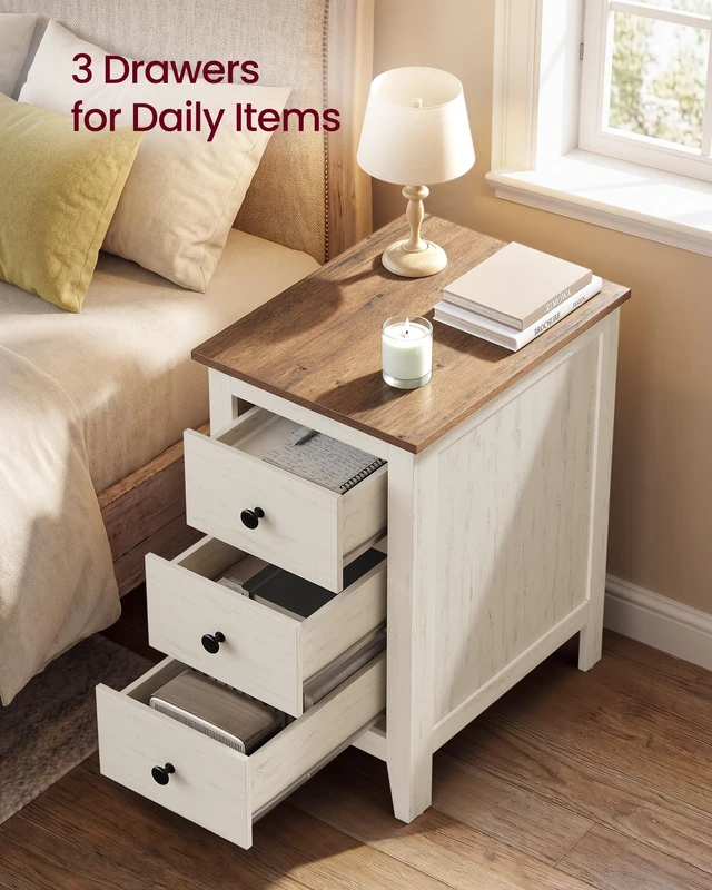 Alt view image 2 of 5 - Side End Table with 3 Storage Drawers, Nightstand Farmhouse | Narrow Bedside Table for Living Room, Bedroom, Home Office, Rustic White and Honey Brown, LIRY Collection ULET132W101S