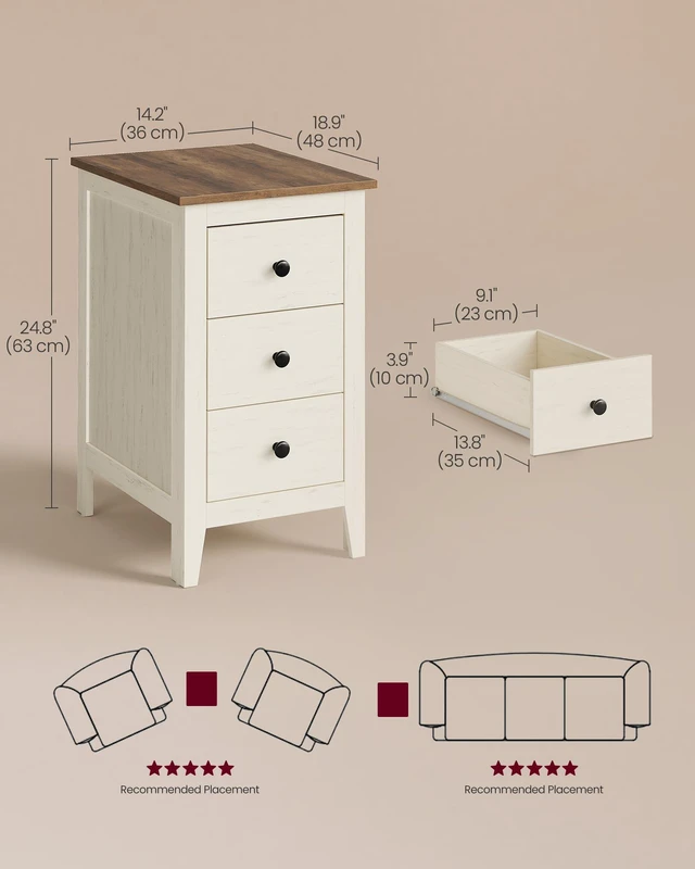 Alt view image 5 of 5 - Side End Table with 3 Storage Drawers, Nightstand Farmhouse | Narrow Bedside Table for Living Room, Bedroom, Home Office, Rustic White and Honey Brown, LIRY Collection ULET132W101S