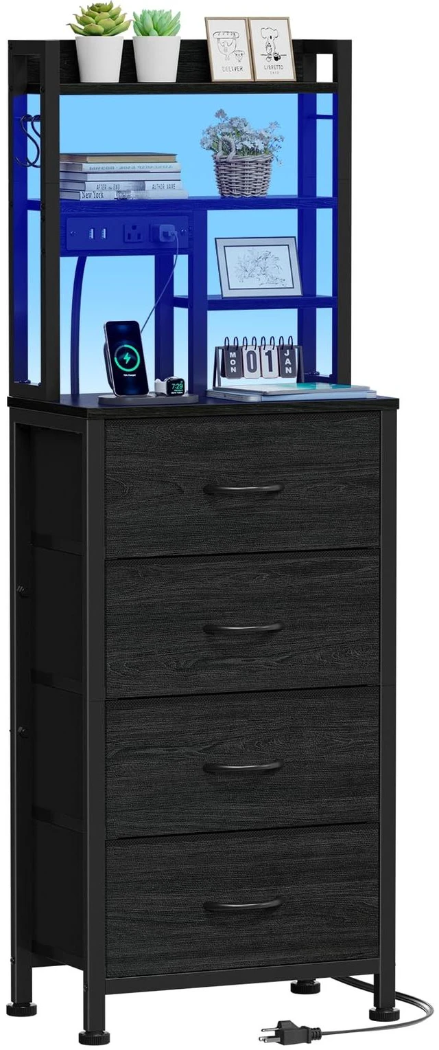 Main image of Tall Nightstand, LED Night Stand with Charging Station | USB Ports, 4 Fabric Drawers and 4 Tier Storage Shelf, Nightstands Bedside Tables for Bedroom, Dorm, Office (Black Oak)