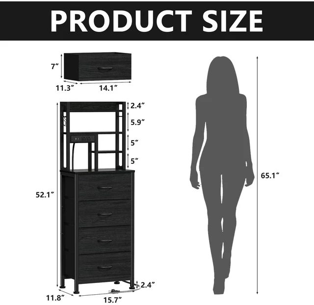 Alt view image 2 of 7 - Tall Nightstand, LED Night Stand with Charging Station | USB Ports, 4 Fabric Drawers and 4 Tier Storage Shelf, Nightstands Bedside Tables for Bedroom, Dorm, Office (Black Oak)