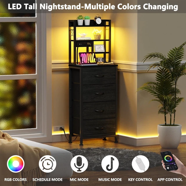 Alt view image 3 of 7 - Tall Nightstand, LED Night Stand with Charging Station | USB Ports, 4 Fabric Drawers and 4 Tier Storage Shelf, Nightstands Bedside Tables for Bedroom, Dorm, Office (Black Oak)
