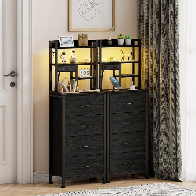 Alt view image 4 of 7 - Tall Nightstand, LED Night Stand with Charging Station | USB Ports, 4 Fabric Drawers and 4 Tier Storage Shelf, Nightstands Bedside Tables for Bedroom, Dorm, Office (Black Oak)