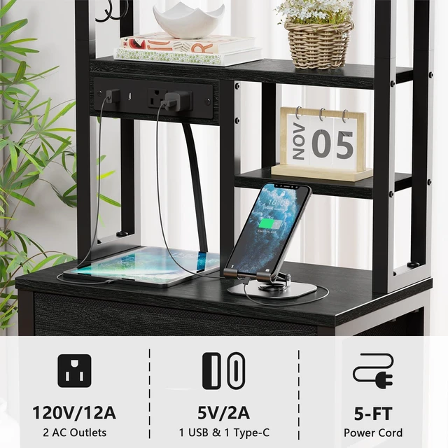 Alt view image 5 of 7 - Tall Nightstand, LED Night Stand with Charging Station | USB Ports, 4 Fabric Drawers and 4 Tier Storage Shelf, Nightstands Bedside Tables for Bedroom, Dorm, Office (Black Oak)