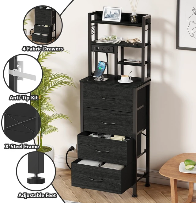 Alt view image 6 of 7 - Tall Nightstand, LED Night Stand with Charging Station | USB Ports, 4 Fabric Drawers and 4 Tier Storage Shelf, Nightstands Bedside Tables for Bedroom, Dorm, Office (Black Oak)
