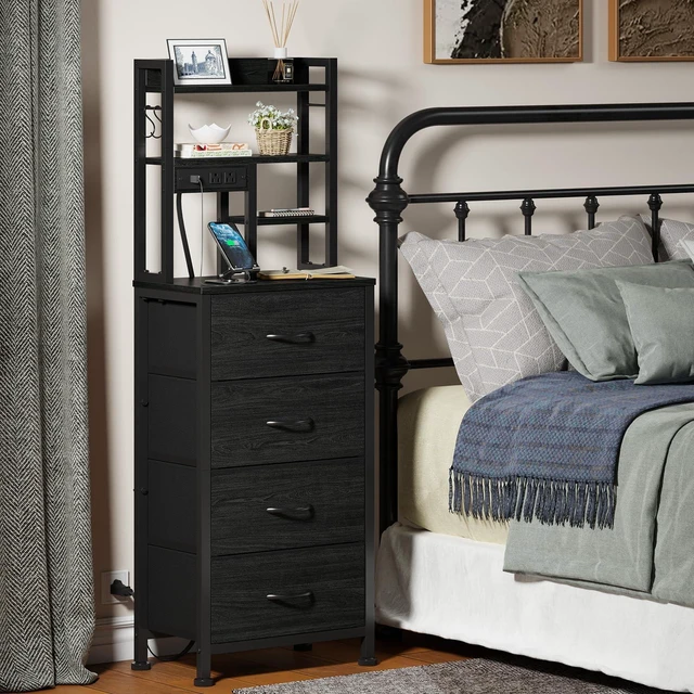 Alt view image 7 of 7 - Tall Nightstand, LED Night Stand with Charging Station | USB Ports, 4 Fabric Drawers and 4 Tier Storage Shelf, Nightstands Bedside Tables for Bedroom, Dorm, Office (Black Oak)
