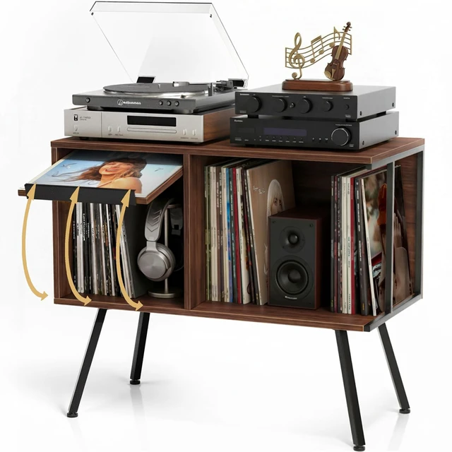 Main image of Record Player Stand with Flip-Down Record Shelf, Walnut | Vinyl Record Storage Holds up to 150+ Albums, Turntable Stand with Album Display, Record Table with Large Open Storage