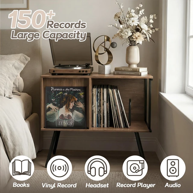 Alt view image 3 of 7 - Record Player Stand with Flip-Down Record Shelf, Walnut | Vinyl Record Storage Holds up to 150+ Albums, Turntable Stand with Album Display, Record Table with Large Open Storage