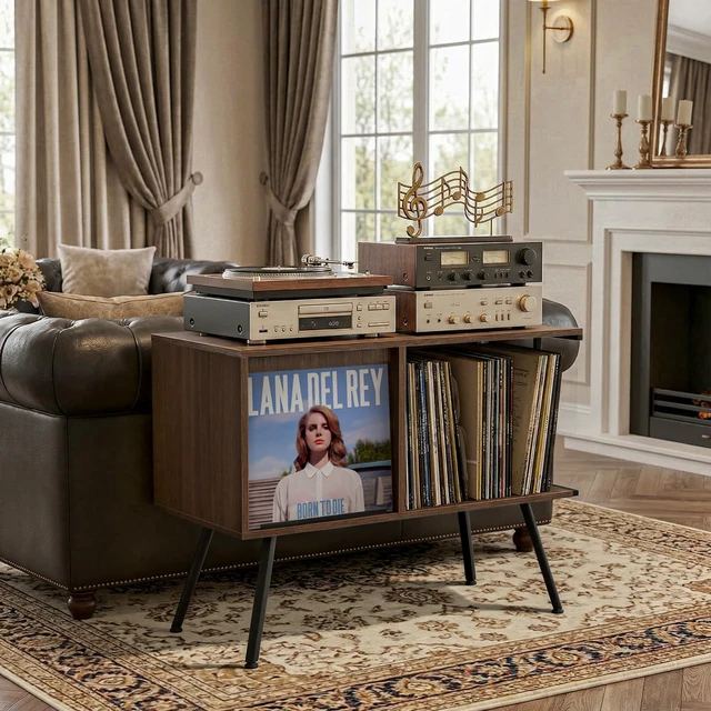 Alt view image 5 of 7 - Record Player Stand with Flip-Down Record Shelf, Walnut | Vinyl Record Storage Holds up to 150+ Albums, Turntable Stand with Album Display, Record Table with Large Open Storage