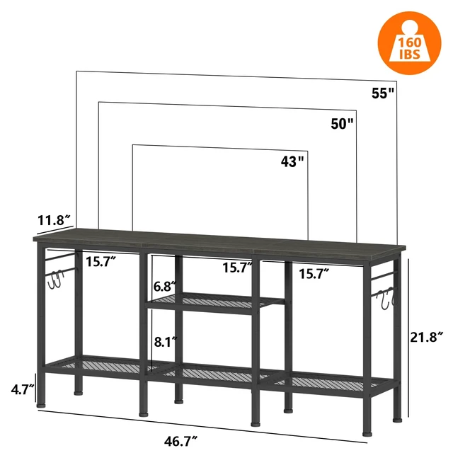Alt view image 2 of 7 - TV Stand, Entertainment Center with Open Shelves, Black Oak | TV Table with Storage Shelves, 4 Hooks, TV Console Up for 55 Inch TVs, TV Stands for Living Room, Bedroom
