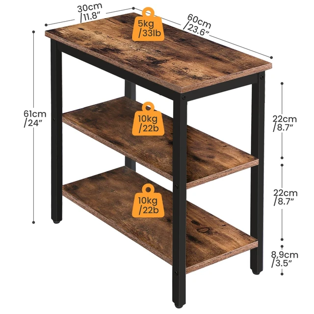 Alt view image 3 of 7 - End Table, Simple Rustic Side Table with 3-Tier Storage Shelf, Narrow Nightstand for Small Spaces, for Living Room, Bedroom,Easy Assembly, Industrial Design, Rustic Brown and Black BF14BZ01
