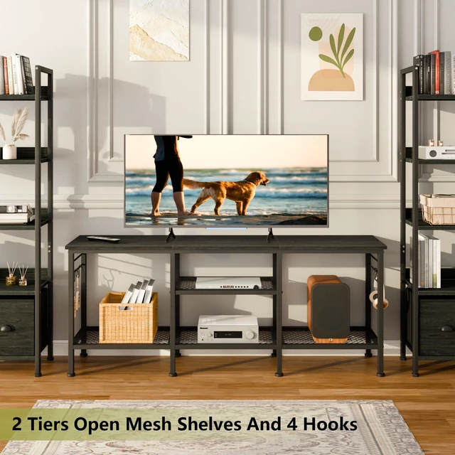Alt view image 3 of 7 - TV Stand, Entertainment Center with Open Shelves, Black Oak | TV Table with Storage Shelves, 4 Hooks, TV Console Up for 55 Inch TVs, TV Stands for Living Room, Bedroom