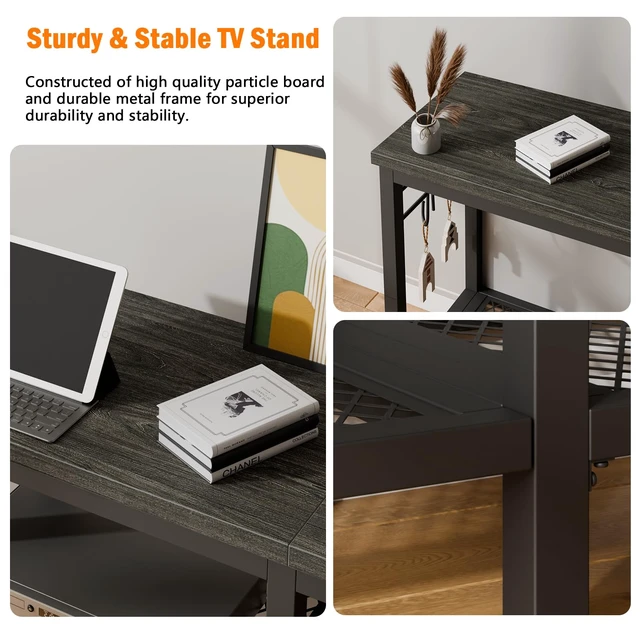Alt view image 4 of 7 - TV Stand, Entertainment Center with Open Shelves, Black Oak | TV Table with Storage Shelves, 4 Hooks, TV Console Up for 55 Inch TVs, TV Stands for Living Room, Bedroom